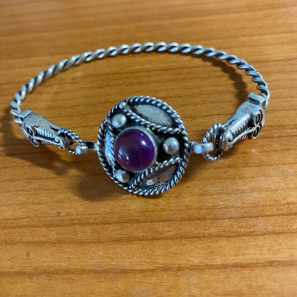 Celtic Viking Doubled Headed Dragon Silver Bracelet with Purple Stone - Picture 4 of 5